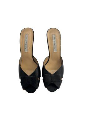 Maripe Black Leather Bow Mule Heels Slip-On Open Toe Sandals Size 8